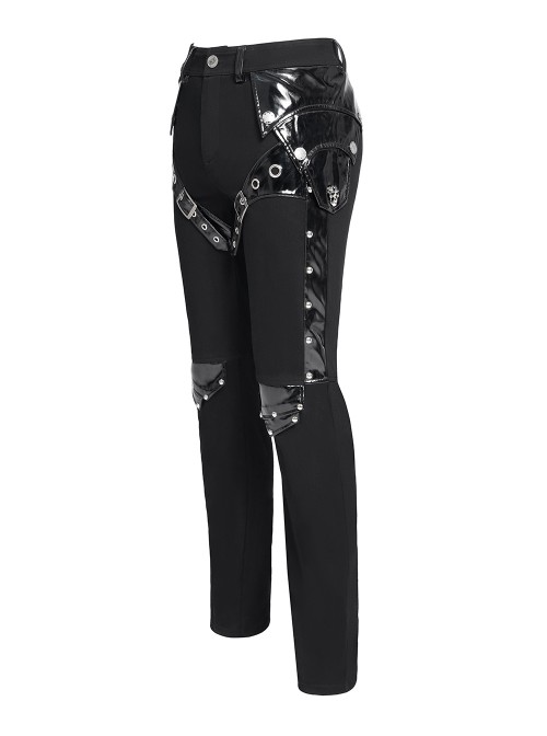 Black Stretch Twill Splicing Glazed Leather Multi-Layer Armor Shape Design Slim Fit Punk Style Men's Trousers