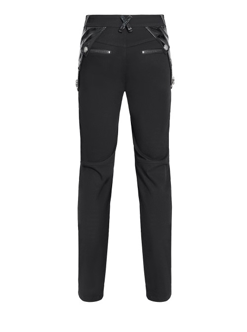 Black Stretch Twill Splicing Glazed Leather Multi-Layer Armor Shape Design Slim Fit Punk Style Men's Trousers