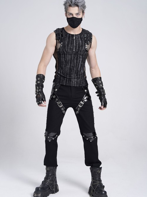 Black Stretch Twill Splicing Glazed Leather Multi-Layer Armor Shape Design Slim Fit Punk Style Men's Trousers