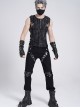 Black Stretch Twill Splicing Glazed Leather Multi-Layer Armor Shape Design Slim Fit Punk Style Men's Trousers