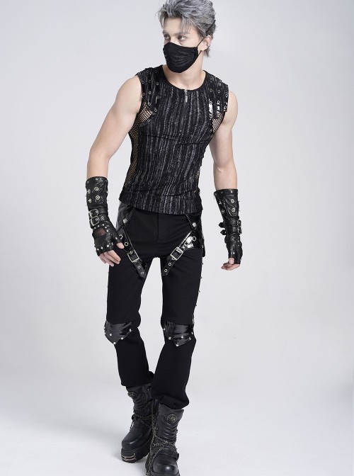 Black Stretch Twill Splicing Glazed Leather Multi-Layer Armor Shape Design Slim Fit Punk Style Men's Trousers