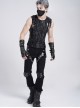 Black Stretch Twill Splicing Glazed Leather Multi-Layer Armor Shape Design Slim Fit Punk Style Men's Trousers