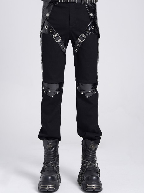 Black Stretch Twill Splicing Glazed Leather Multi-Layer Armor Shape Design Slim Fit Punk Style Men's Trousers