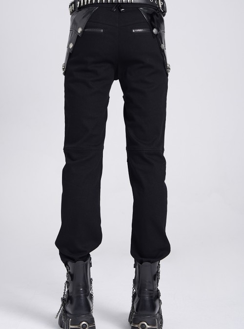 Black Stretch Twill Splicing Glazed Leather Multi-Layer Armor Shape Design Slim Fit Punk Style Men's Trousers