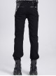 Black Stretch Twill Splicing Glazed Leather Multi-Layer Armor Shape Design Slim Fit Punk Style Men's Trousers