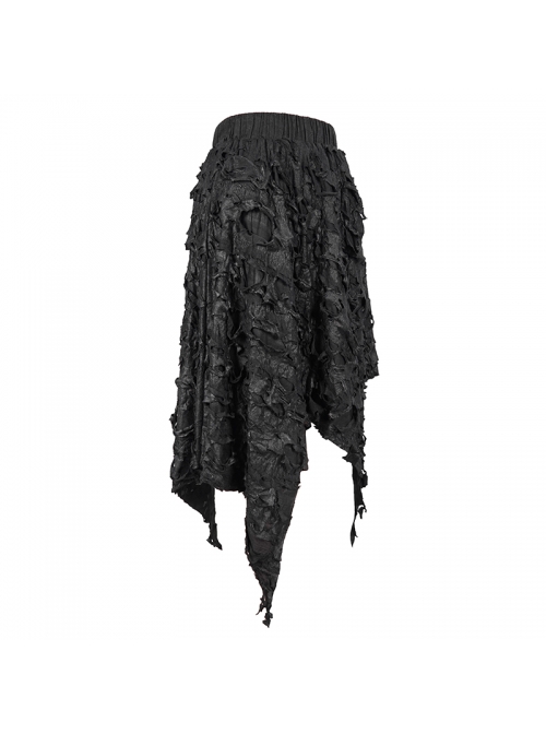 Tattered Knitted Elastic Waistband Irregular Sharp-Angled Hem Black Punk Skirt