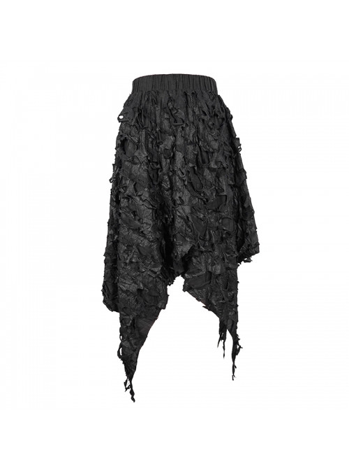 Tattered Knitted Elastic Waistband Irregular Sharp-Angled Hem Black Punk Skirt