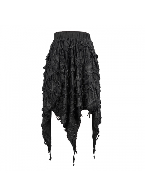 Tattered Knitted Elastic Waistband Irregular Sharp-Angled Hem Black Punk Skirt