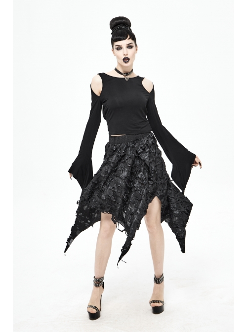 Tattered Knitted Elastic Waistband Irregular Sharp-Angled Hem Black Punk Skirt