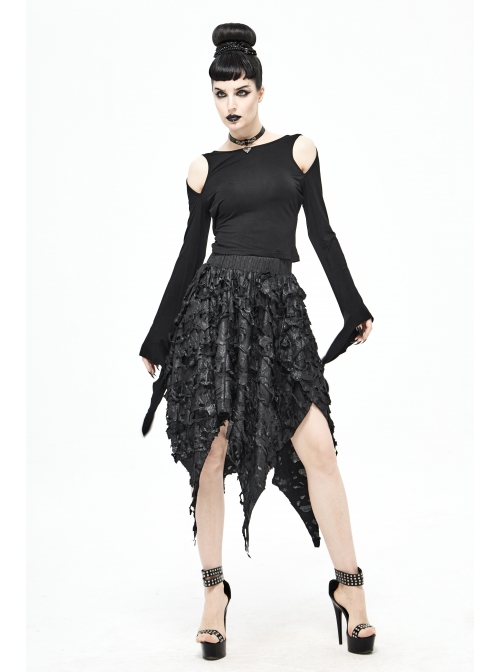 Tattered Knitted Elastic Waistband Irregular Sharp-Angled Hem Black Punk Skirt