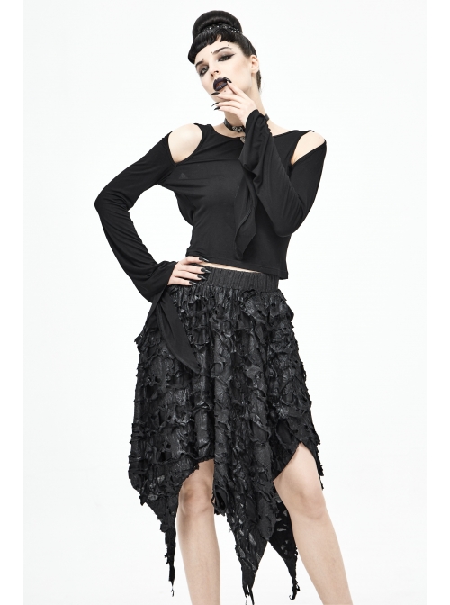 Tattered Knitted Elastic Waistband Irregular Sharp-Angled Hem Black Punk Skirt