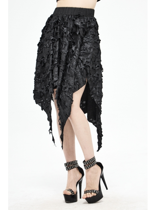 Tattered Knitted Elastic Waistband Irregular Sharp-Angled Hem Black Punk Skirt