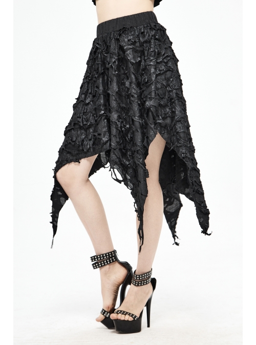 Tattered Knitted Elastic Waistband Irregular Sharp-Angled Hem Black Punk Skirt