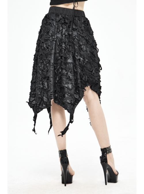 Tattered Knitted Elastic Waistband Irregular Sharp-Angled Hem Black Punk Skirt