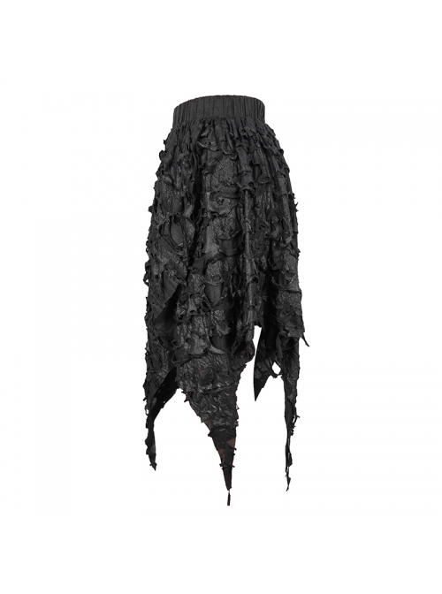 Tattered Knitted Elastic Waistband Irregular Sharp-Angled Hem Black Punk Skirt