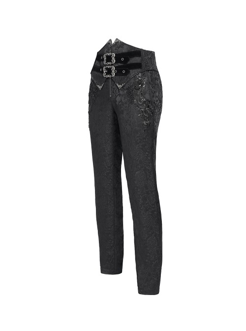 Black 3D Pattern Jacquard High Waist Front Gorgeous Buckles Gothic Style Men's Trousers With Corset
