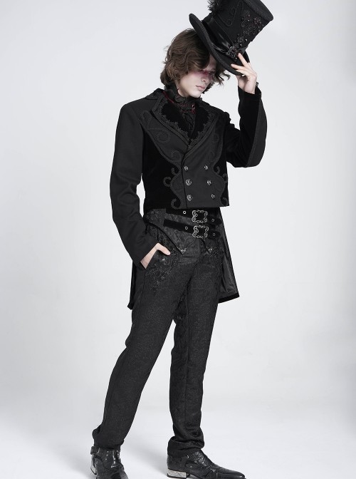 Black 3D Pattern Jacquard High Waist Front Gorgeous Buckles Gothic Style Men's Trousers With Corset