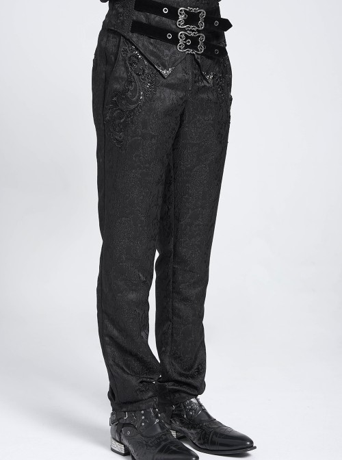 Black 3D Pattern Jacquard High Waist Front Gorgeous Buckles Gothic Style Men's Trousers With Corset