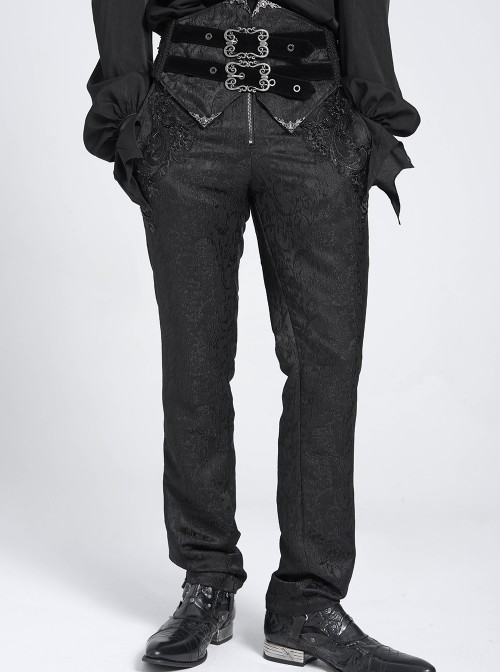 Black 3D Pattern Jacquard High Waist Front Gorgeous Buckles Gothic Style Men's Trousers With Corset