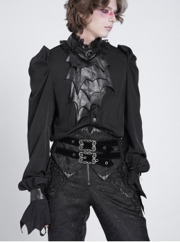 Black Chiffon Splicing Shiny Faux Leather Detachable Bat Bow Tie Gemstone Brooch Stand Collar Long Sleeves Gothic Style Men's Shirt