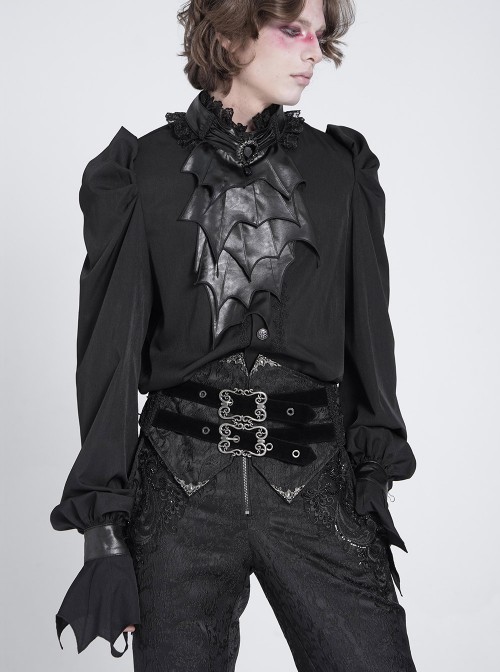 Black Chiffon Splicing Shiny Faux Leather Detachable Bat Bow Tie Gemstone Brooch Stand Collar Long Sleeves Gothic Style Men's Shirt