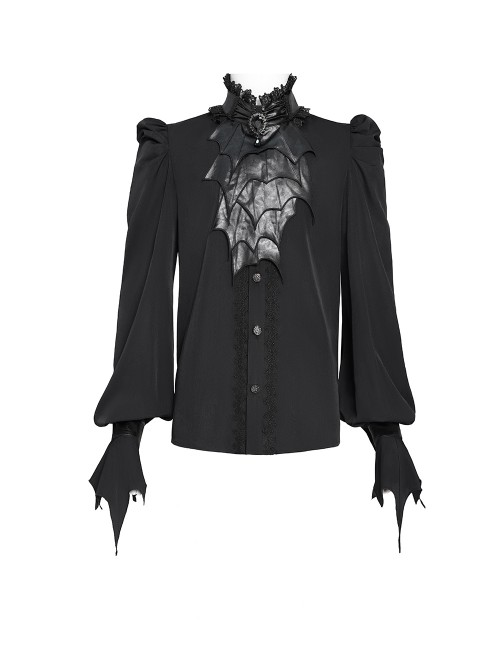 Black Chiffon Splicing Shiny Faux Leather Detachable Bat Bow Tie Gemstone Brooch Stand Collar Long Sleeves Gothic Style Men's Shirt