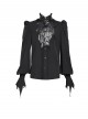 Black Chiffon Splicing Shiny Faux Leather Detachable Bat Bow Tie Gemstone Brooch Stand Collar Long Sleeves Gothic Style Men's Shirt