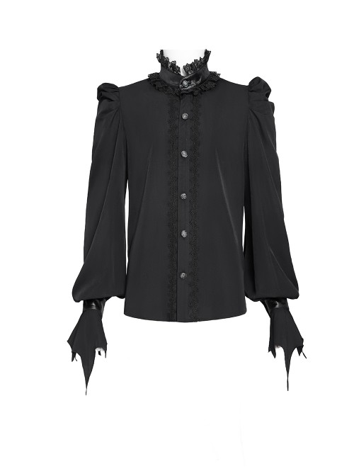 Black Chiffon Splicing Shiny Faux Leather Detachable Bat Bow Tie Gemstone Brooch Stand Collar Long Sleeves Gothic Style Men's Shirt