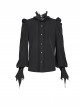 Black Chiffon Splicing Shiny Faux Leather Detachable Bat Bow Tie Gemstone Brooch Stand Collar Long Sleeves Gothic Style Men's Shirt