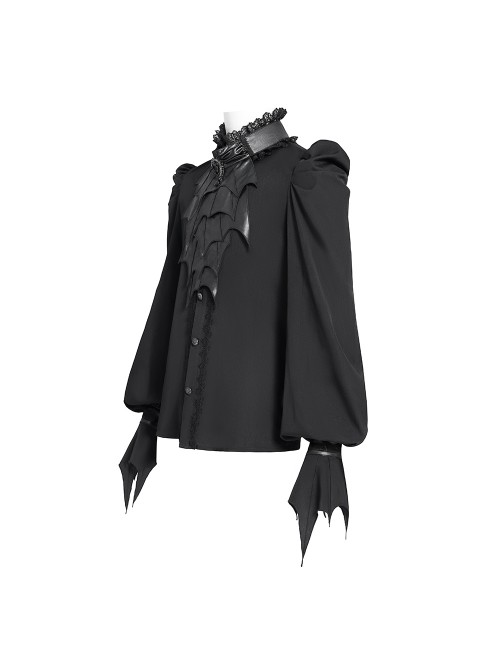 Black Chiffon Splicing Shiny Faux Leather Detachable Bat Bow Tie Gemstone Brooch Stand Collar Long Sleeves Gothic Style Men's Shirt