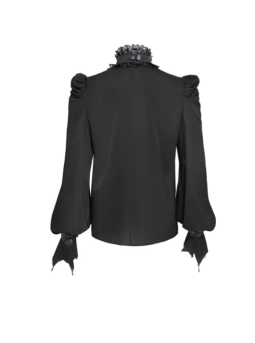 Black Chiffon Splicing Shiny Faux Leather Detachable Bat Bow Tie Gemstone Brooch Stand Collar Long Sleeves Gothic Style Men's Shirt