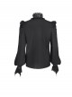 Black Chiffon Splicing Shiny Faux Leather Detachable Bat Bow Tie Gemstone Brooch Stand Collar Long Sleeves Gothic Style Men's Shirt