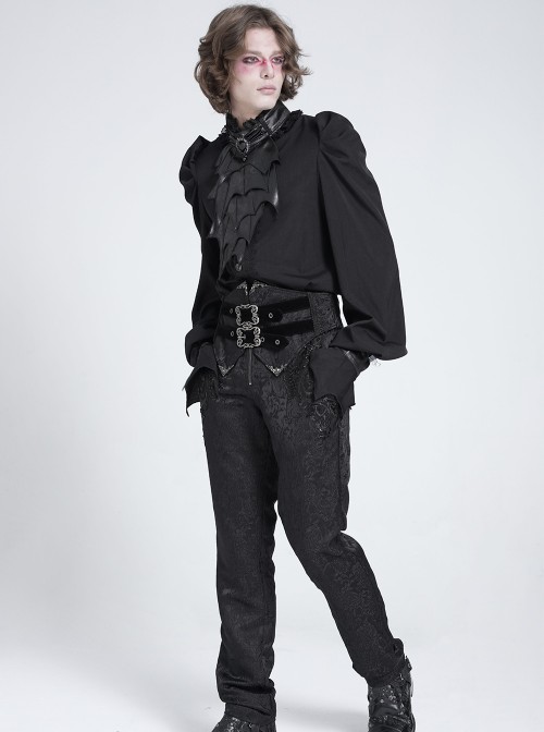 Black Chiffon Splicing Shiny Faux Leather Detachable Bat Bow Tie Gemstone Brooch Stand Collar Long Sleeves Gothic Style Men's Shirt