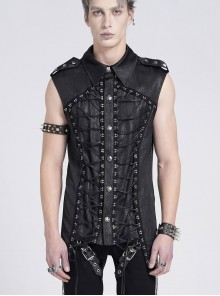 Black Snake-Print Faux Leather Woven Front Loop Webbing Cord Decoration Vest Punk Style Men's Sleeveless Shirt