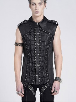 Black Snake-Print Faux Leather Woven Front Loop Webbing Cord Decoration Vest Punk Style Men's Sleeveless Shirt