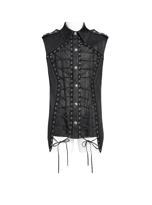 Black Snake-Print Faux Leather Woven Front Loop Webbing Cord Decoration Vest Punk Style Men's Sleeveless Shirt