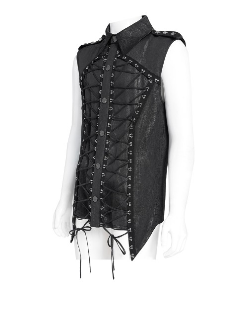 Black Snake-Print Faux Leather Woven Front Loop Webbing Cord Decoration Vest Punk Style Men's Sleeveless Shirt