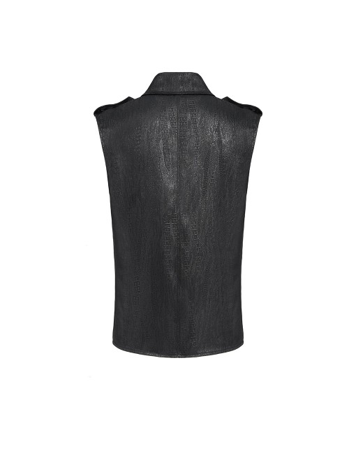 Black Snake-Print Faux Leather Woven Front Loop Webbing Cord Decoration Vest Punk Style Men's Sleeveless Shirt