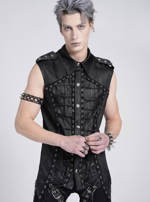 Black Snake-Print Faux Leather Woven Front Loop Webbing Cord Decoration Vest Punk Style Men's Sleeveless Shirt