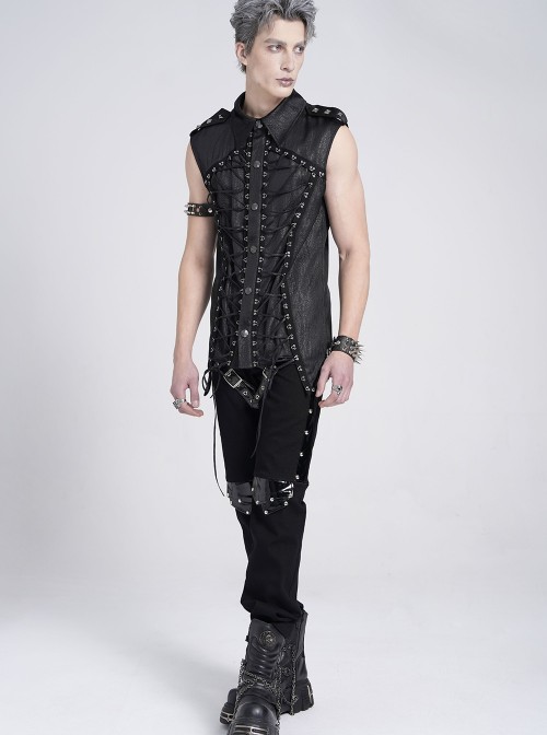 Black Snake-Print Faux Leather Woven Front Loop Webbing Cord Decoration Vest Punk Style Men's Sleeveless Shirt