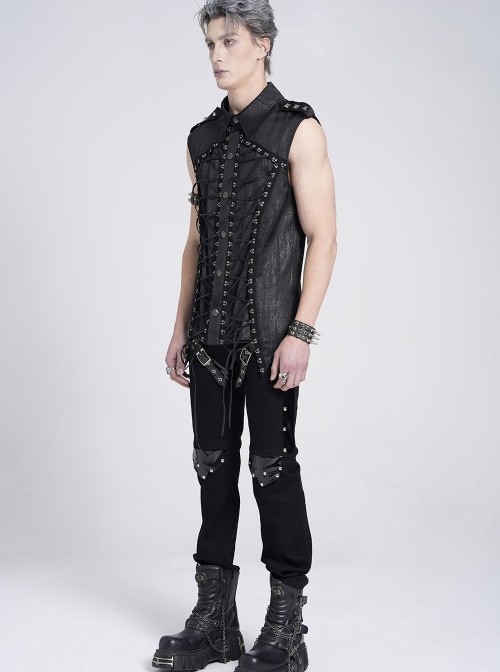 Black Snake-Print Faux Leather Woven Front Loop Webbing Cord Decoration Vest Punk Style Men's Sleeveless Shirt