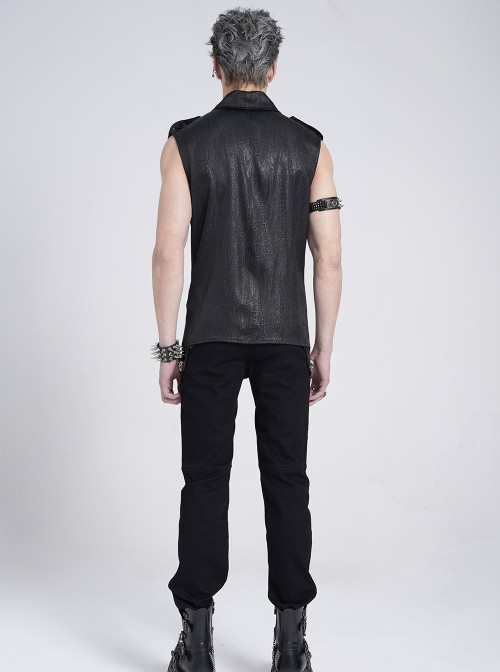 Black Snake-Print Faux Leather Woven Front Loop Webbing Cord Decoration Vest Punk Style Men's Sleeveless Shirt