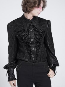 Black Crinkled Shiny Woven Chest Drawstring Decorative Lace Trim Lapel Long Lantern Sleeves Gothic Style Men's Shirt