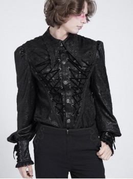 Black Crinkled Shiny Woven Chest Drawstring Decorative Lace Trim Lapel Long Lantern Sleeves Gothic Style Men's Shirt
