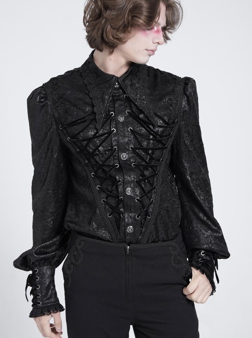 Black Crinkled Shiny Woven Chest Drawstring Decorative Lace Trim Lapel Long Lantern Sleeves Gothic Style Men's Shirt