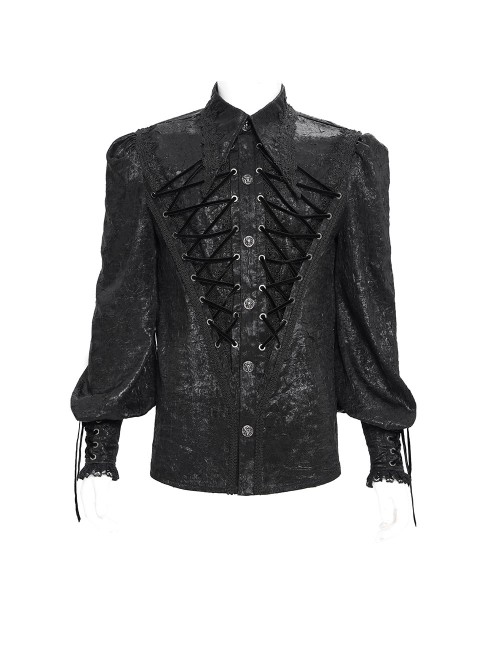 Black Crinkled Shiny Woven Chest Drawstring Decorative Lace Trim Lapel Long Lantern Sleeves Gothic Style Men's Shirt