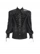 Black Crinkled Shiny Woven Chest Drawstring Decorative Lace Trim Lapel Long Lantern Sleeves Gothic Style Men's Shirt