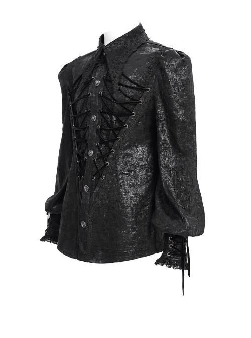 Black Crinkled Shiny Woven Chest Drawstring Decorative Lace Trim Lapel Long Lantern Sleeves Gothic Style Men's Shirt