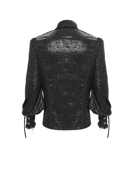 Black Crinkled Shiny Woven Chest Drawstring Decorative Lace Trim Lapel Long Lantern Sleeves Gothic Style Men's Shirt