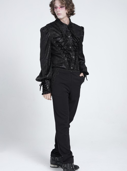 Black Crinkled Shiny Woven Chest Drawstring Decorative Lace Trim Lapel Long Lantern Sleeves Gothic Style Men's Shirt